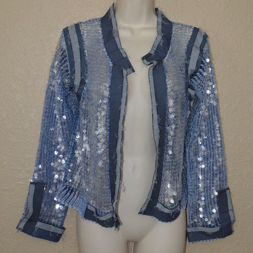 NWOT Sz S AVIU Blue Raw Hem Sequin Detail Cropped Jacket Blazer